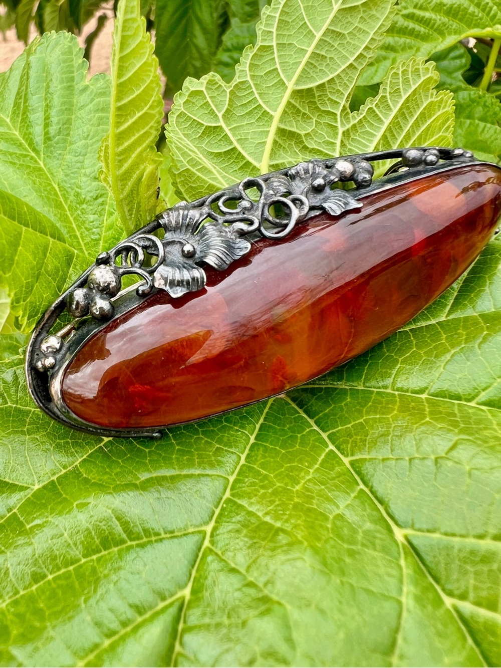 LARGE Baltic Amber 3" Silver 925 Hallmark Stamped Vintage Brooch Pin